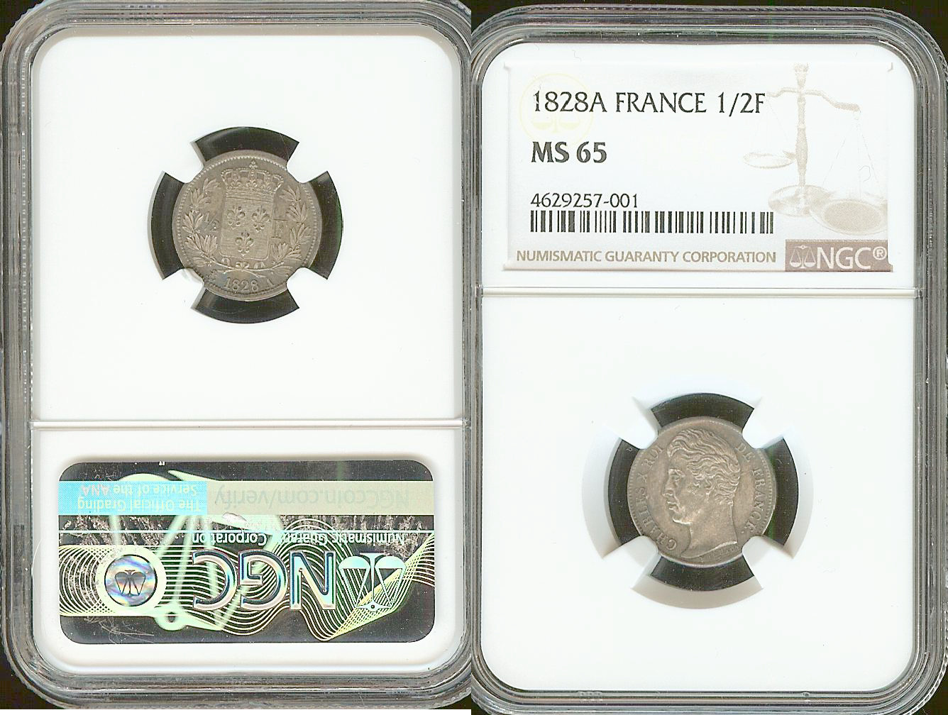 1/2 francs Charles X 1828A NGC MS65